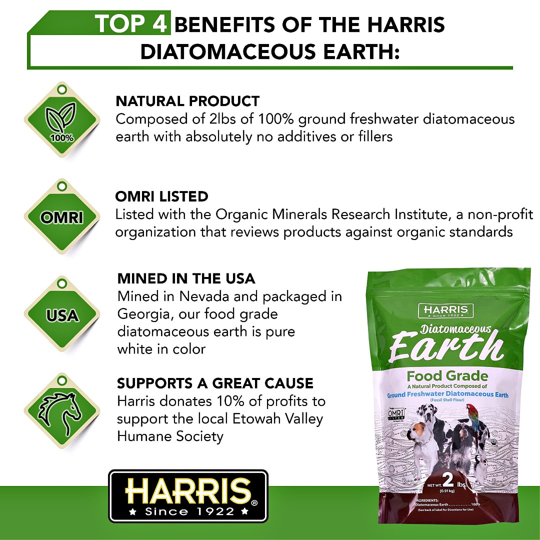 A green and white package with green text Comparing Diatomaceous Earth Varieties