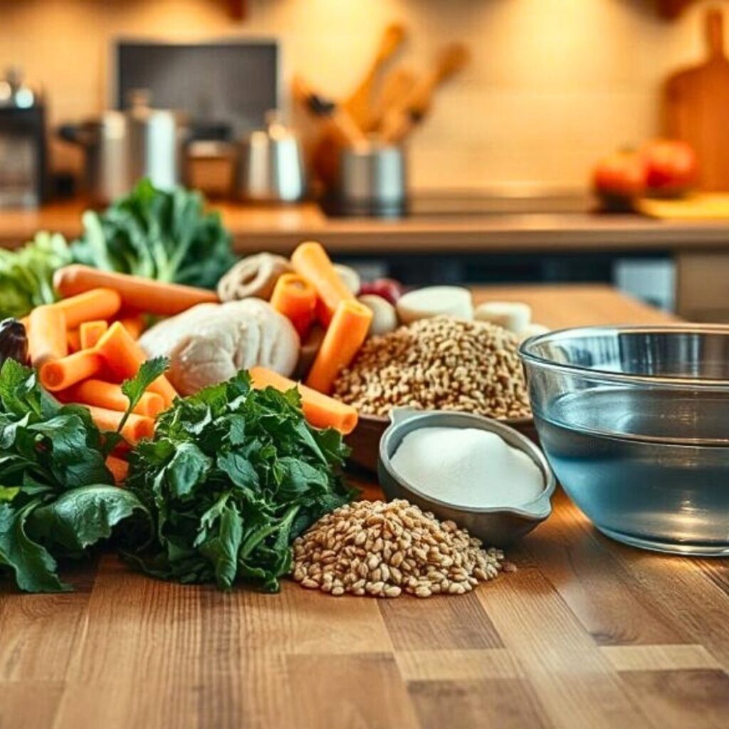   A large wooden kitchen counter with a variety of fresh colorful ingredient